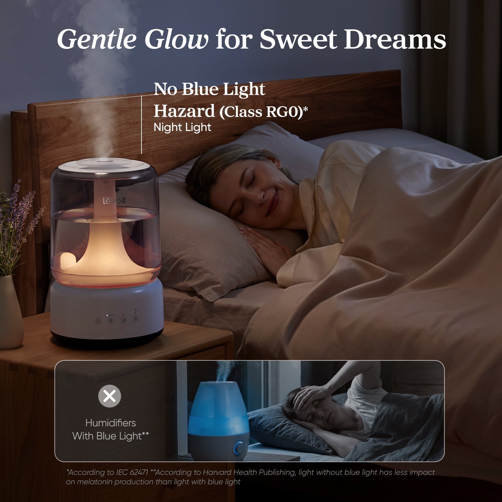Levoit Neo 450 Humidifier: Class RG0 no-blue-light night light for undisturbed sleep, gentle glow for sweet dreams at home.