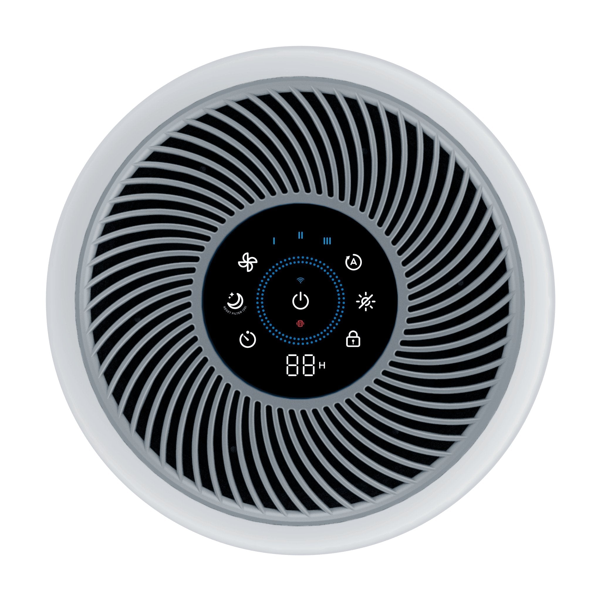 Levoit Core® 300S-P Smart Air Purifier control panel with digital display, showing various settings and controls.