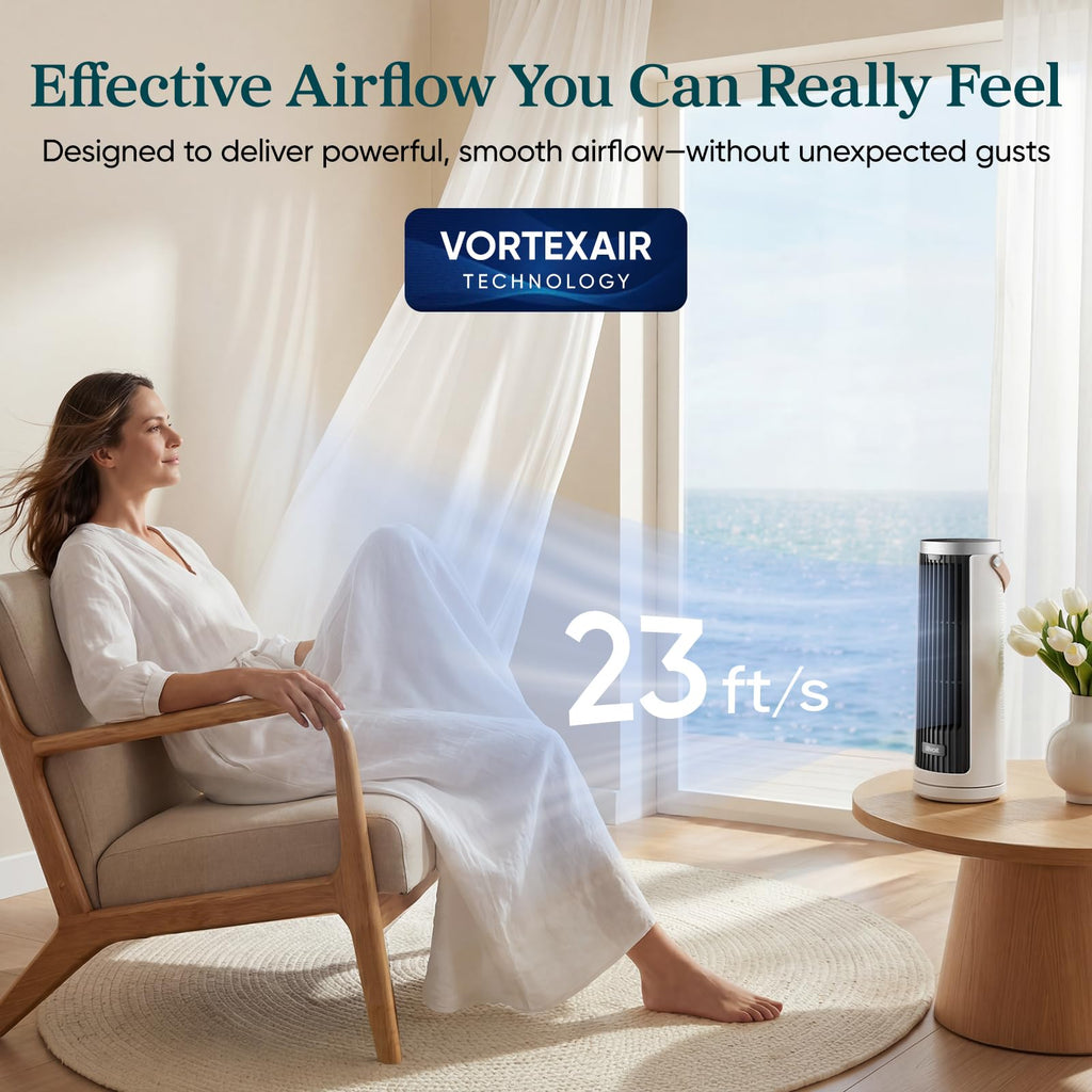 LEVOIT desk fan with VortexAir Technology delivering powerful 23 ft/s smooth airflow, no gusts for comfortable home cooling