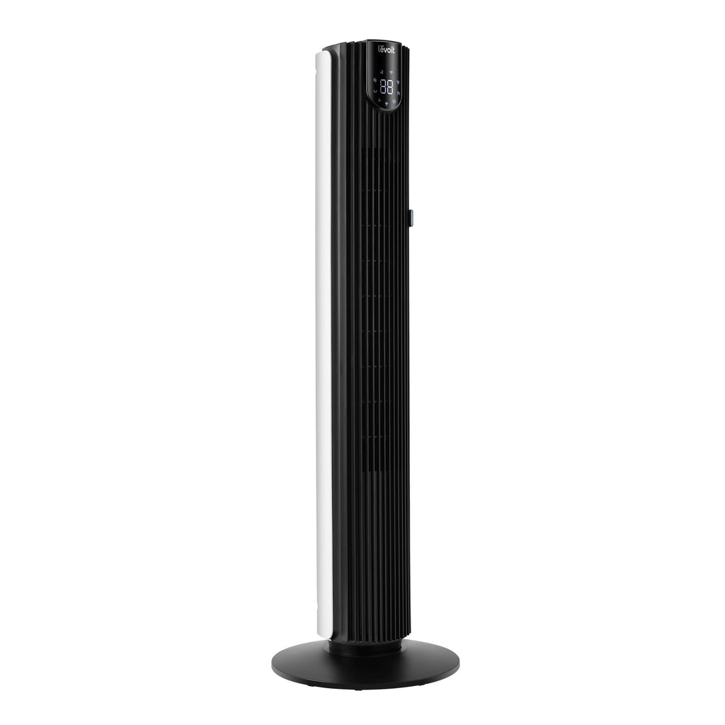 Levoit Classic 42-Inch Smart Tower Fan with front digital display showing temperature and sleek black and white design