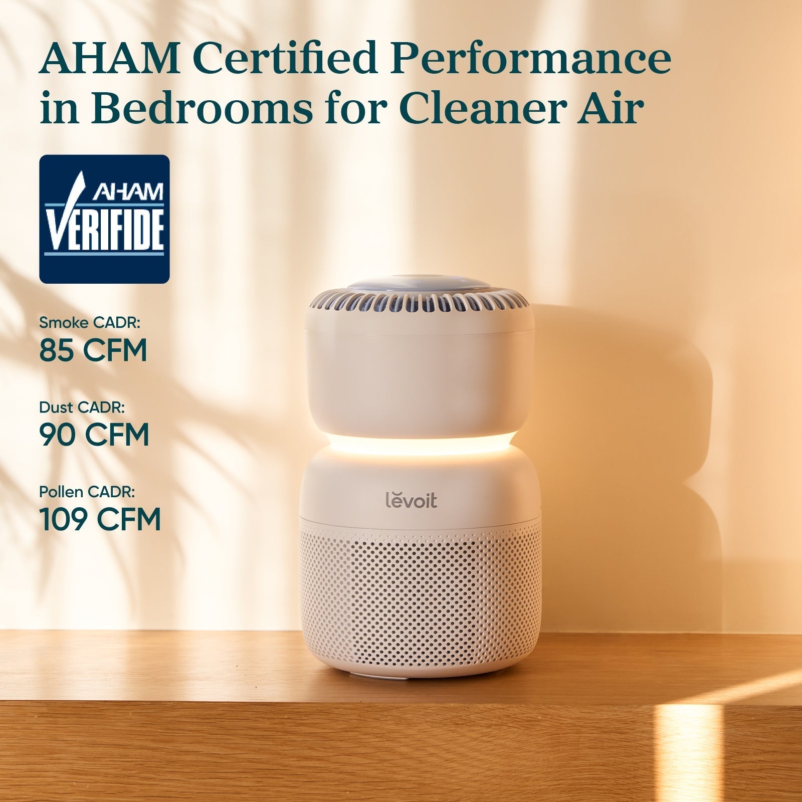Levoit Sprout air purifier with AHAM certified performance for cleaner air in bedrooms, with smoke, dust, and pollen CADR ratings