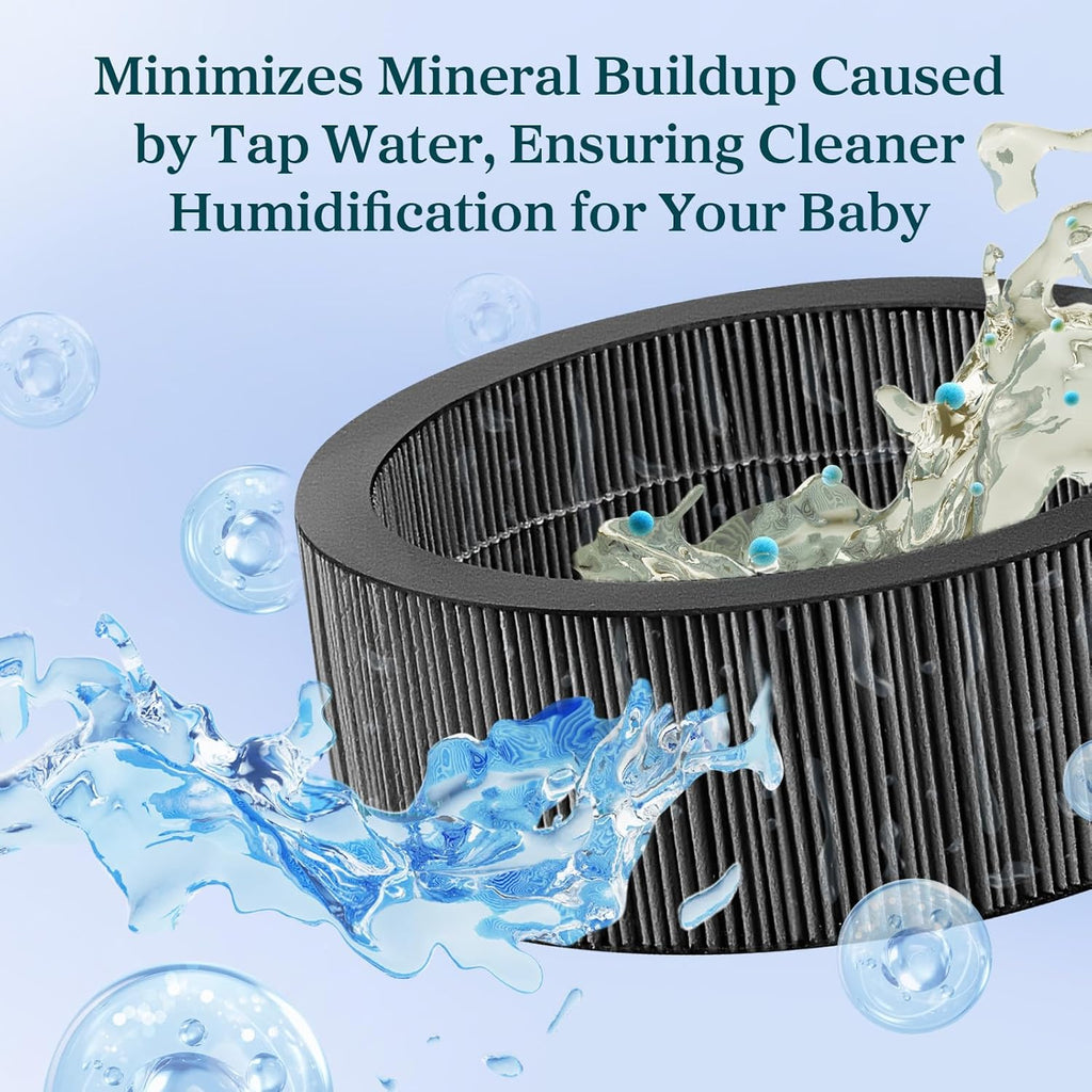 Levoit Sprout Wick Filter minimizes mineral buildup from tap water for cleaner humidification for baby.