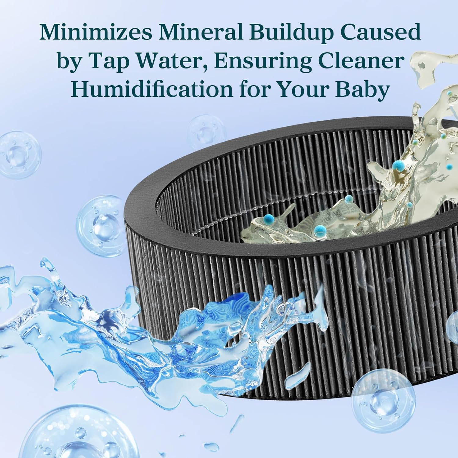 Levoit Sprout Wick Filter minimizes mineral buildup from tap water for cleaner humidification for baby.