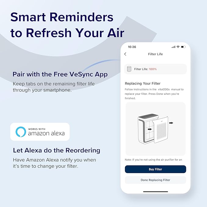 Levoit Vital 200S-P Smoke Remover Carbon Replacement Filter pair with your Vesync APP, and let Alexa do the recording