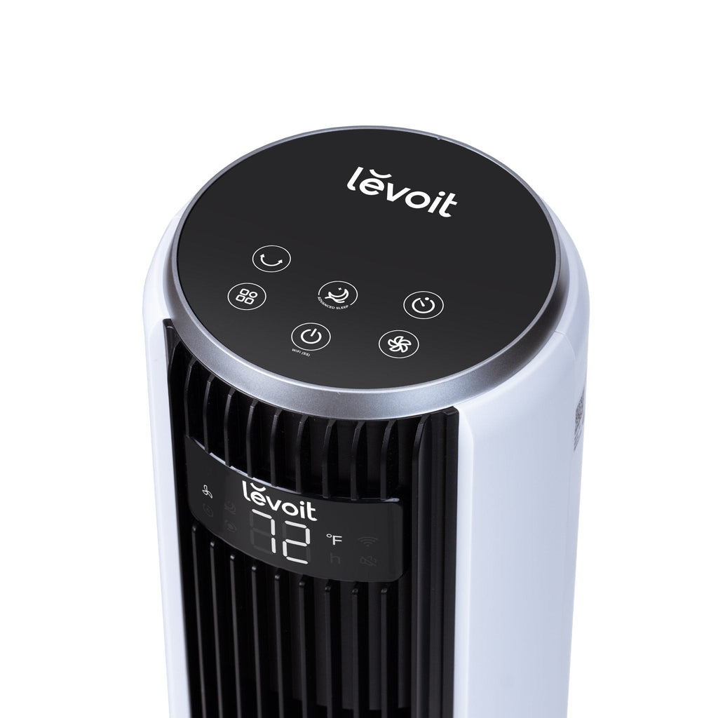 Levoit Classic 36-Inch Smart Tower Fan with digital display, control panel, and WiFi connectivity