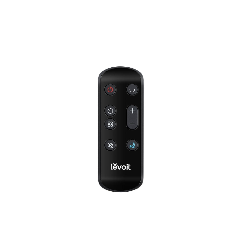 Levoit smart tower fan remote control with buttons for power, speed adjustment, sleep mode