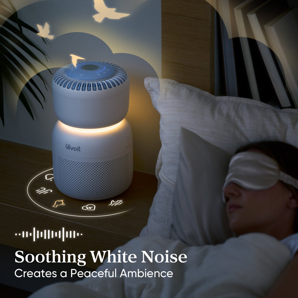 Levoit Sprout Air Purifier with soothing white noise, creating a peaceful ambience for restful sleep