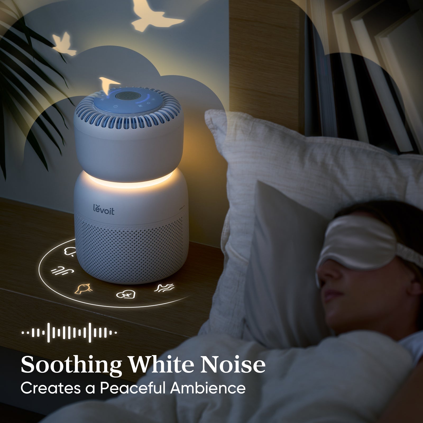 Levoit Sprout Air Purifier with soothing white noise, creating a peaceful ambience for restful sleep