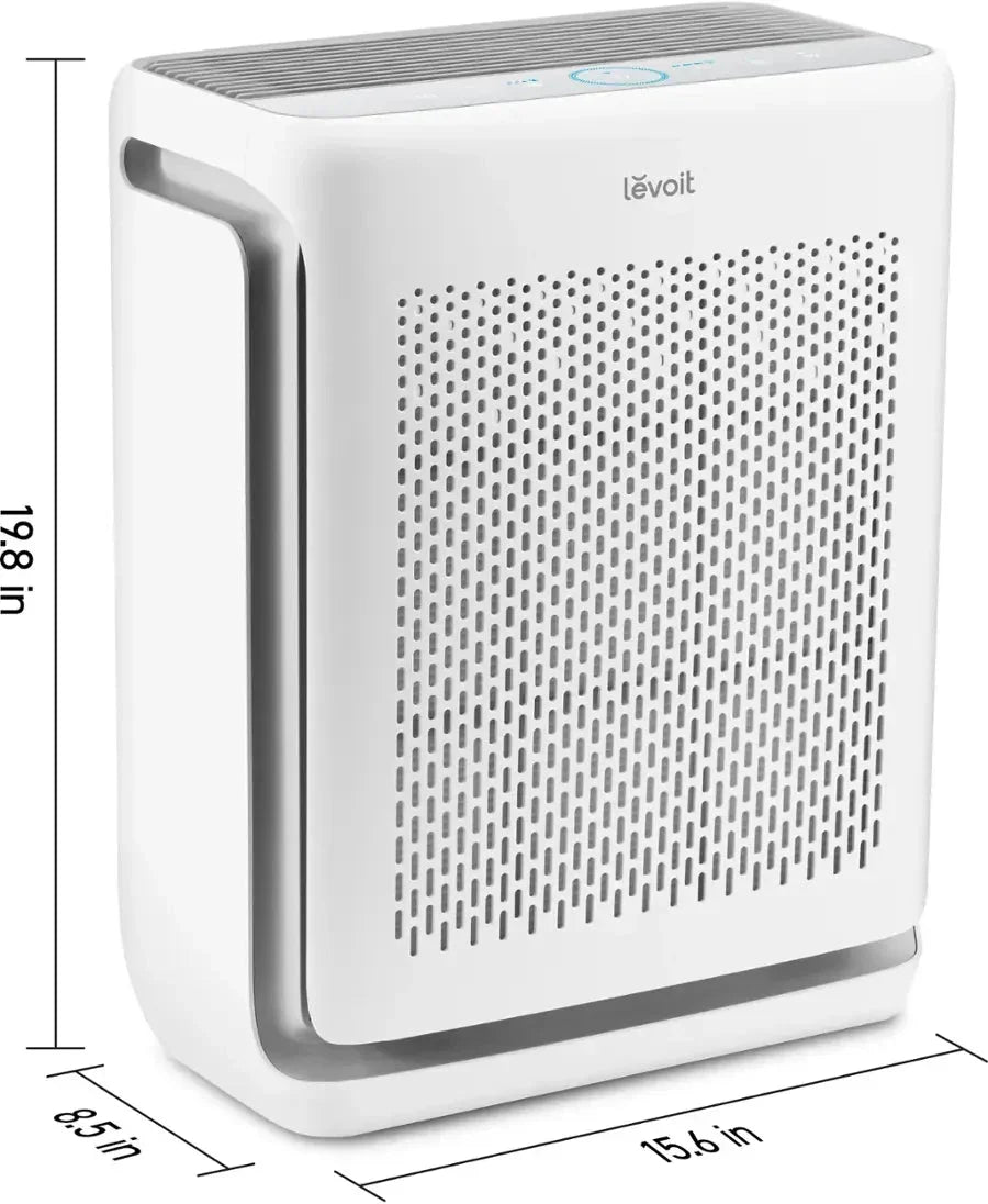 Dimensions diagram for Levoit Vital 200S-P Smart Air Purifier showing height 19.8, width 15.6, and depth 8.5 inches.