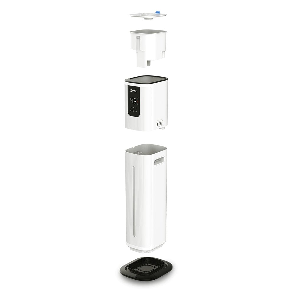 Levoit OasisMist 1000S Smart Ultrasonic Cool Mist Tower Humidifier showing disassembled components.