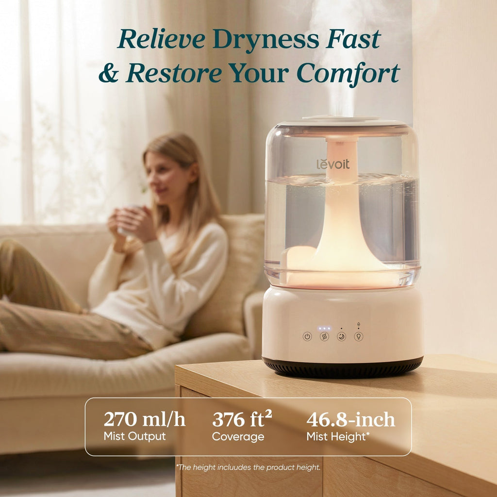 Levoit Neo 450 Humidifier: 270mL/h mist output, 376ft² coverage, 46.8-inch mist height to relieve dryness fast for home comfort.