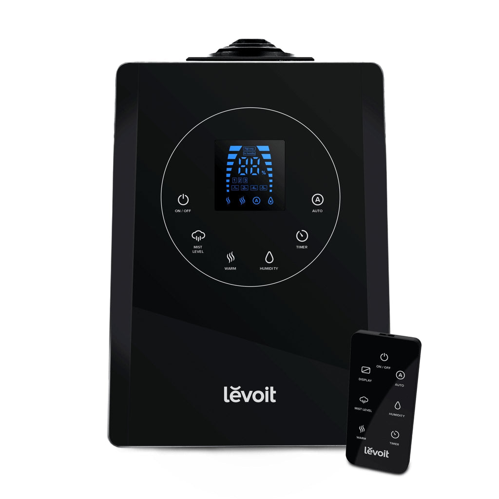 Levoit LV600HH Hybrid Ultrasonic Humidifier with control panel and remote, featuring mist level, warm, humidity, and timer settings
