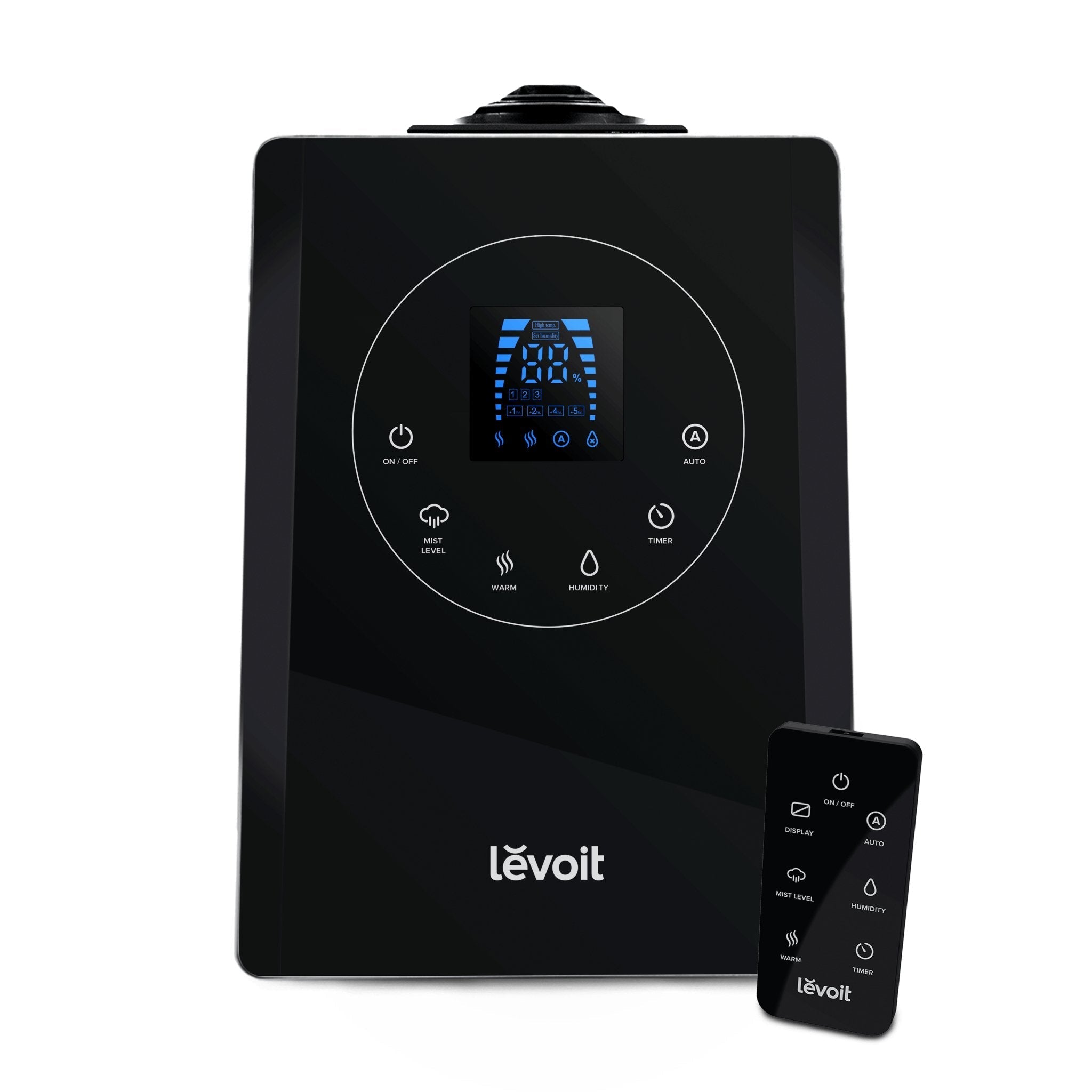 Levoit LV600HH Hybrid Ultrasonic Humidifier with control panel and remote, featuring mist level, warm, humidity, and timer settings