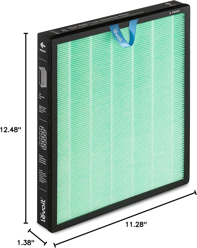 Levoit Vital 100S-P Toxin Absorber Carbon Filter, green air purifier filter measuring 12.48" x 11.28" x 1.38".