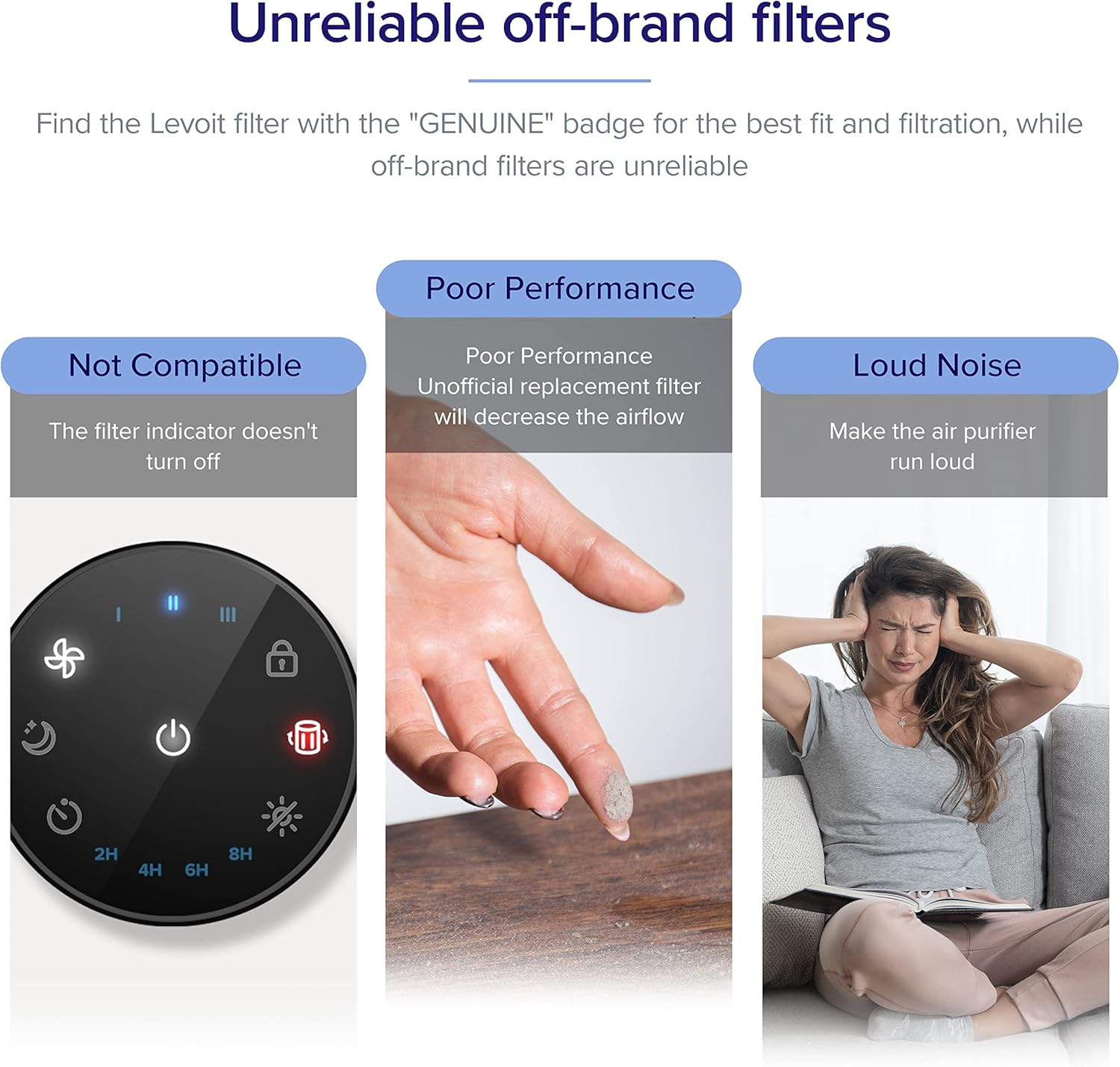 Infographic warning of loud noise and poor performance when using off-brand filters in Levoit Core P350-P.