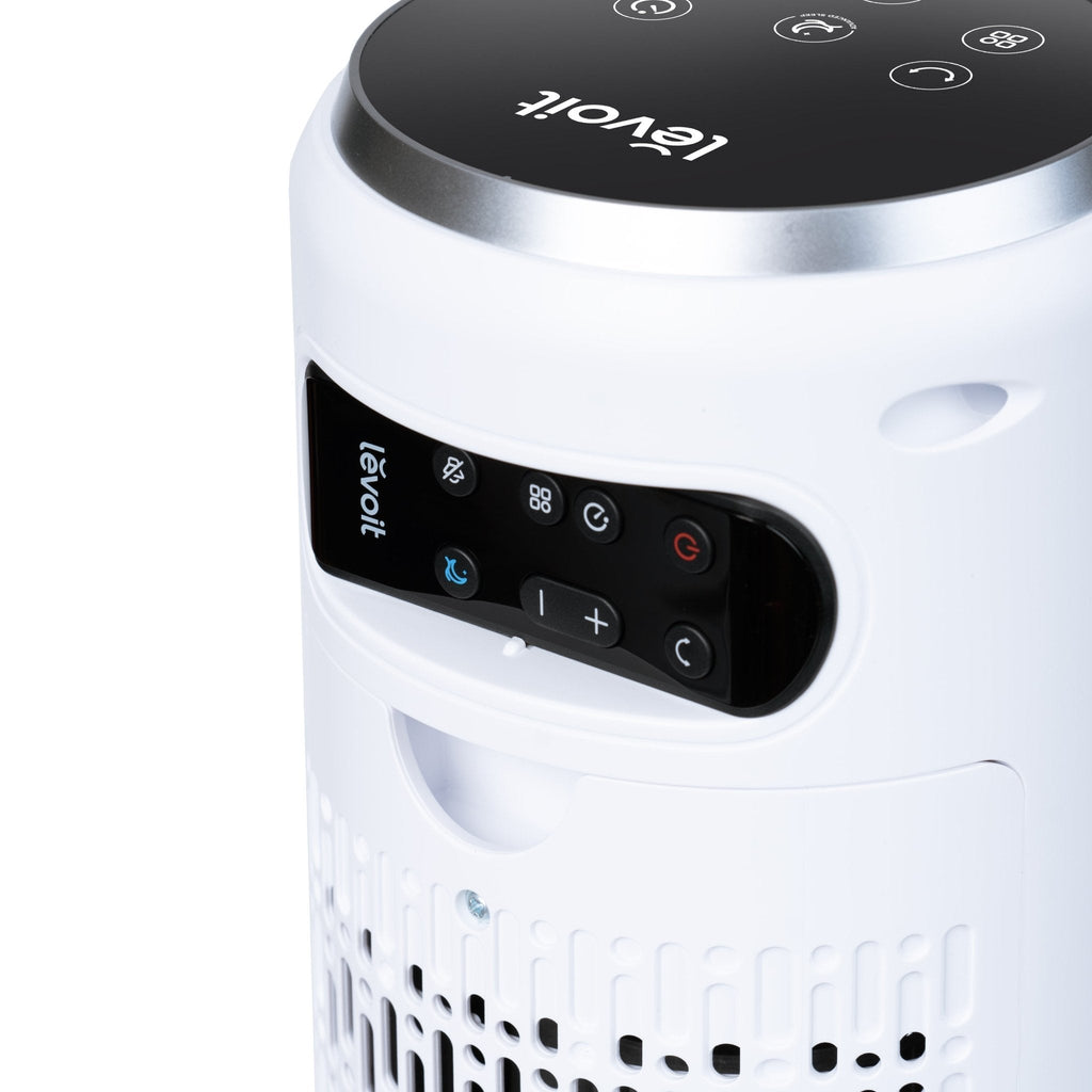 Levoit Classic 36-Inch Smart Tower Fan with control panel featuring adjustable settings and modes.