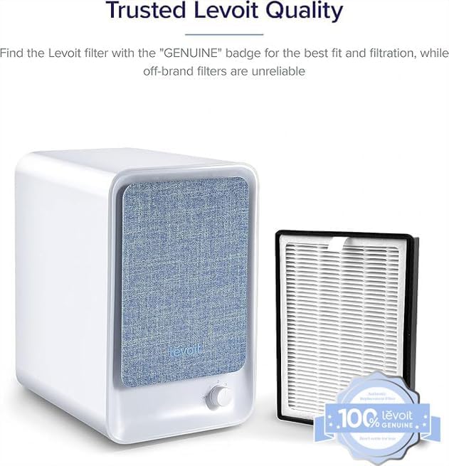 Levoit air purifier with genuine filter, featuring a fabric panel design and high-quality HEPA filter for cleaner air.