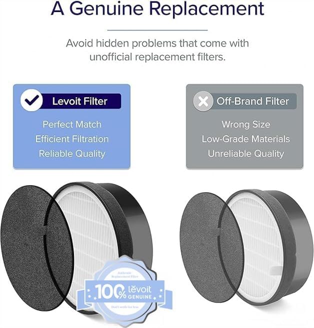 Comparison of Levoit genuine filter vs off-brand filter, highlighting better fit, filtration, and quality with official replacements.