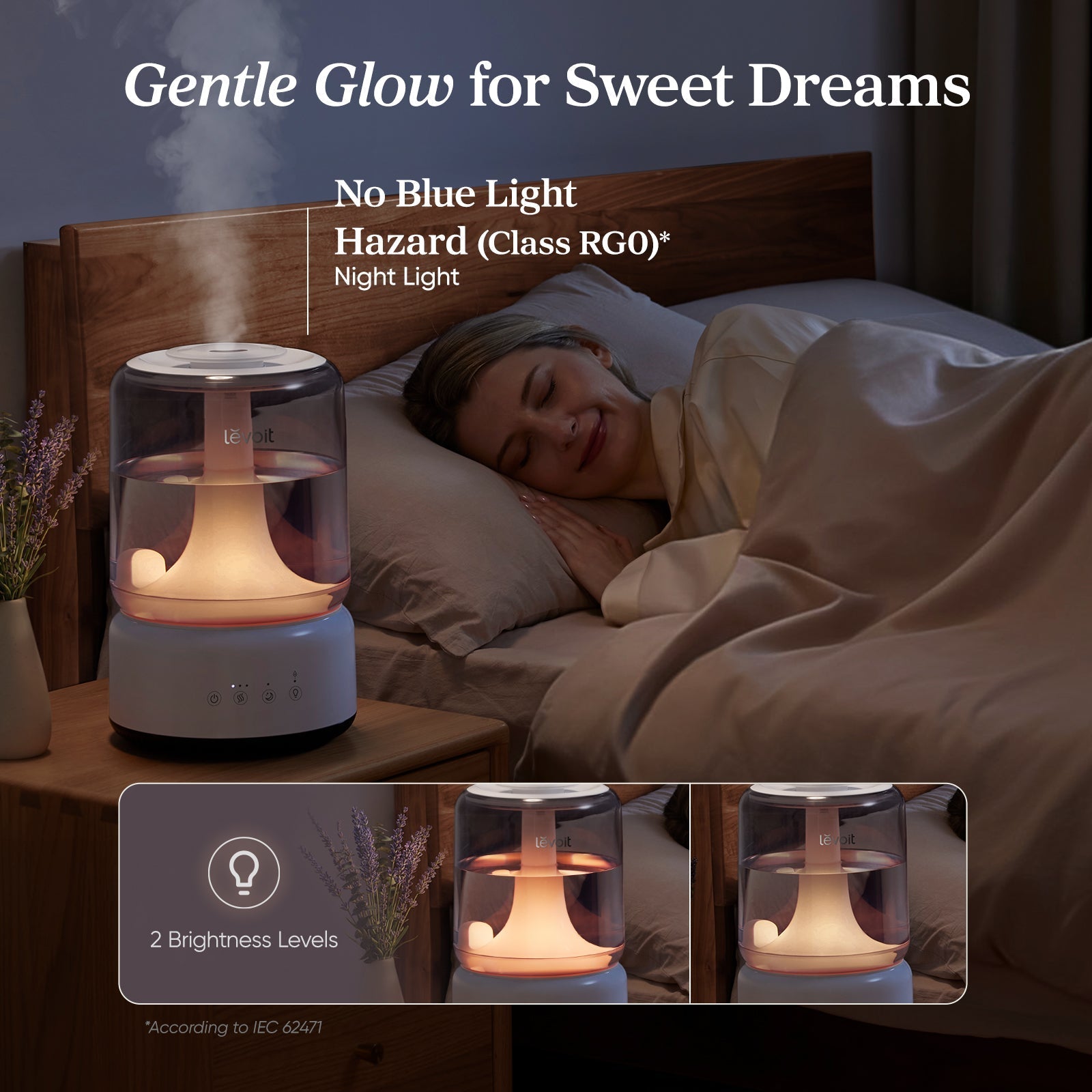 Levoit Neo 450 Humidifier: Class RG0 no-blue-light night light for undisturbed sleep, gentle glow for sweet dreams at home.