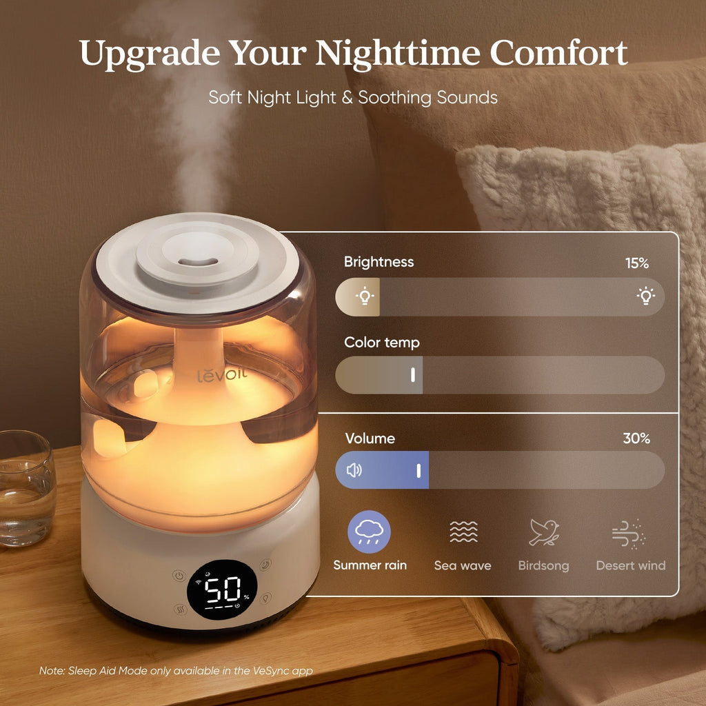 LEVOIT Neo 450S Smart Humidifier for house: Soft night light, soothing sounds, app-controlled sleep aid mode, 50% humidity display for cozy nighttime comfort.