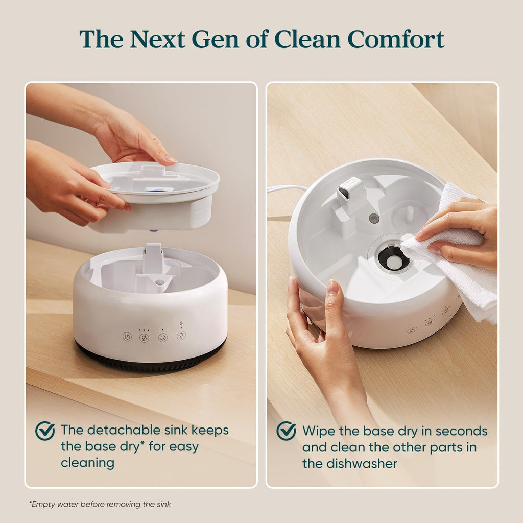 Levoit Neo 450 Humidifier: Detachable dry-base design, easy wipe-clean & dishwasher-safe parts for hassle-free, hygienic maintenance.