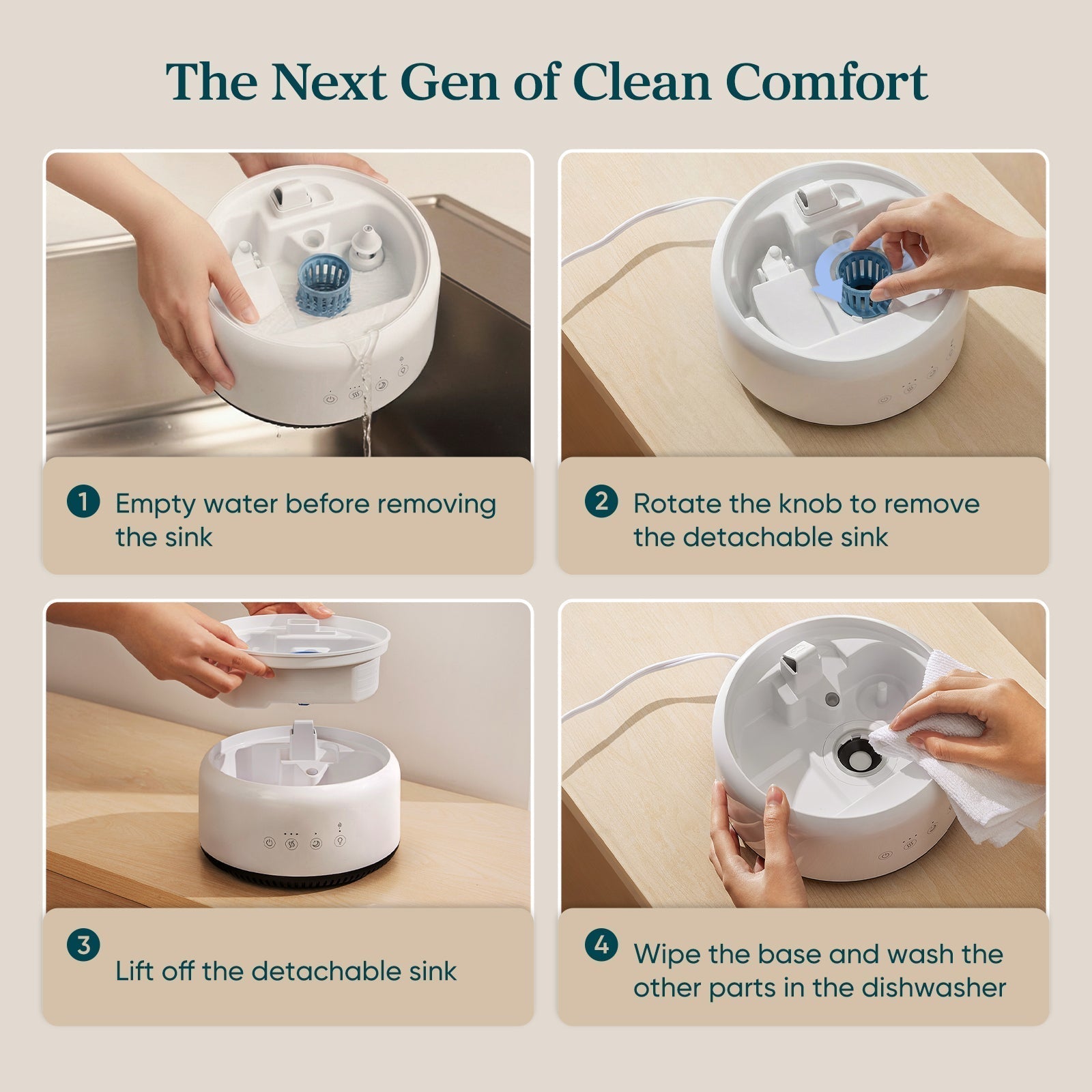 Levoit Neo 450 Humidifier: 4-step easy cleaning with detachable sink, dishwasher-safe parts for hassle-free, hygienic maintenance.