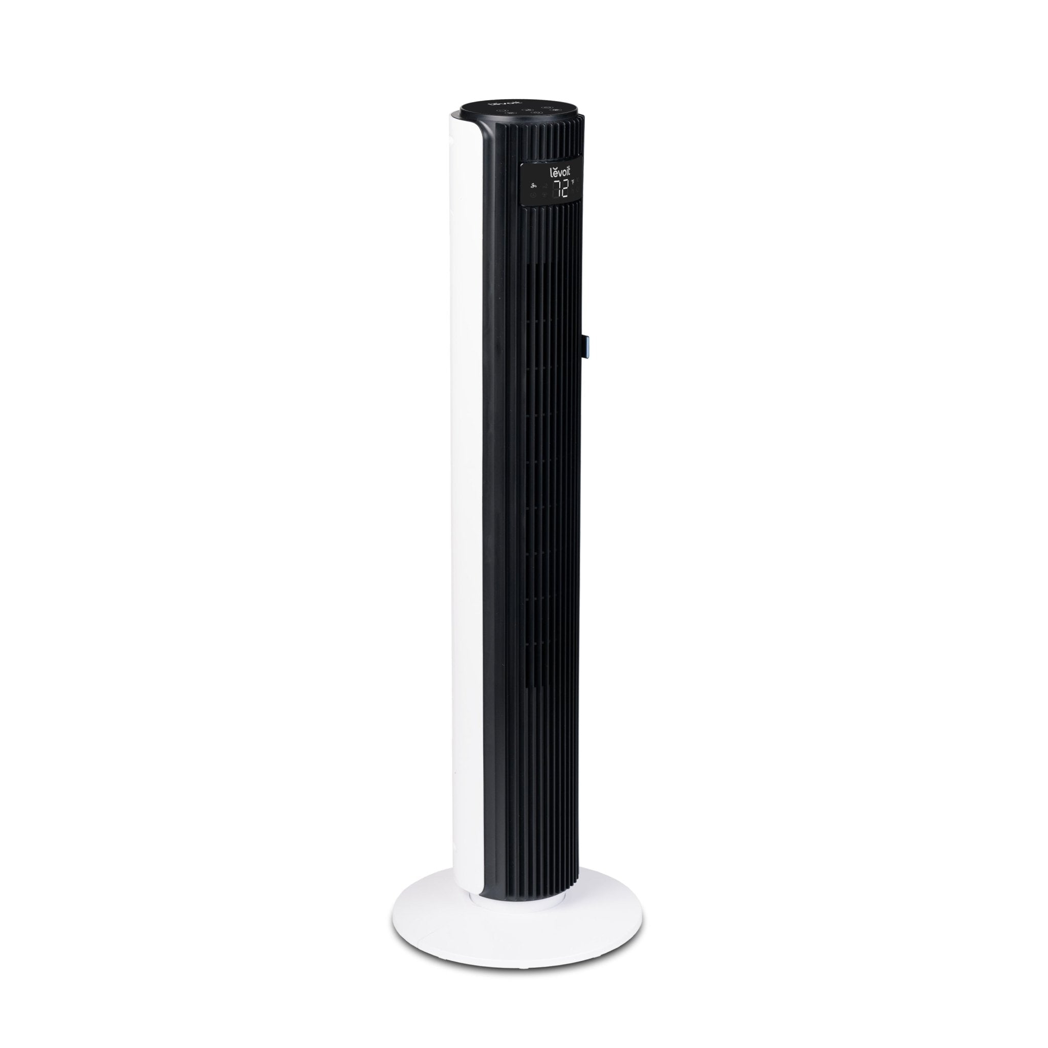 Levoit Tower Fan with sleek black and white design, showcasing the side view and digital display for easy control.