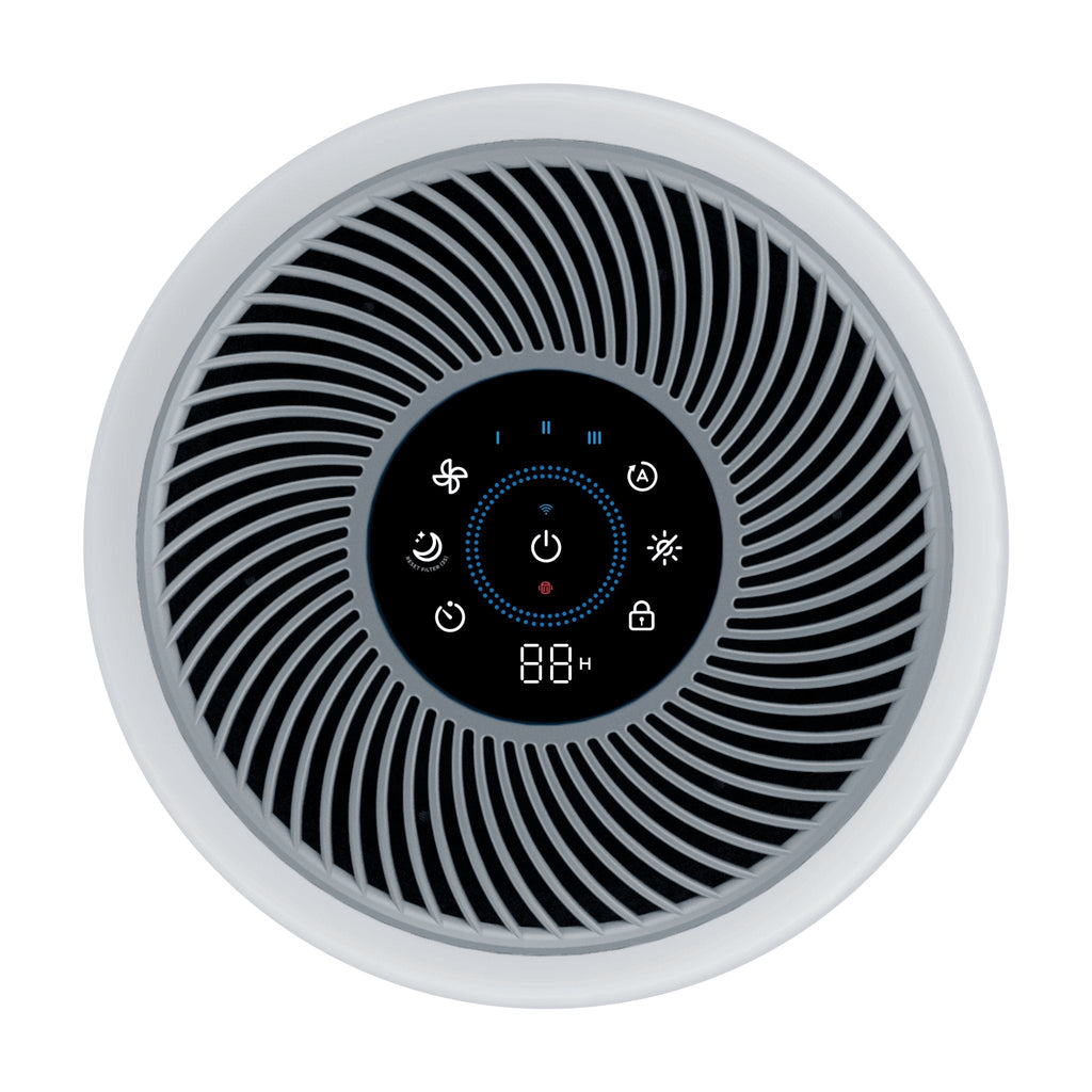 Levoit Core® 300S-P Smart Air Purifier control panel with digital display, showing various settings and controls.
