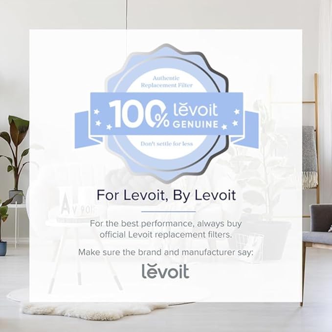 Levoit 100% genuine filter seal, emphasizing the importance of using official Levoit filters for best performance and air quality.