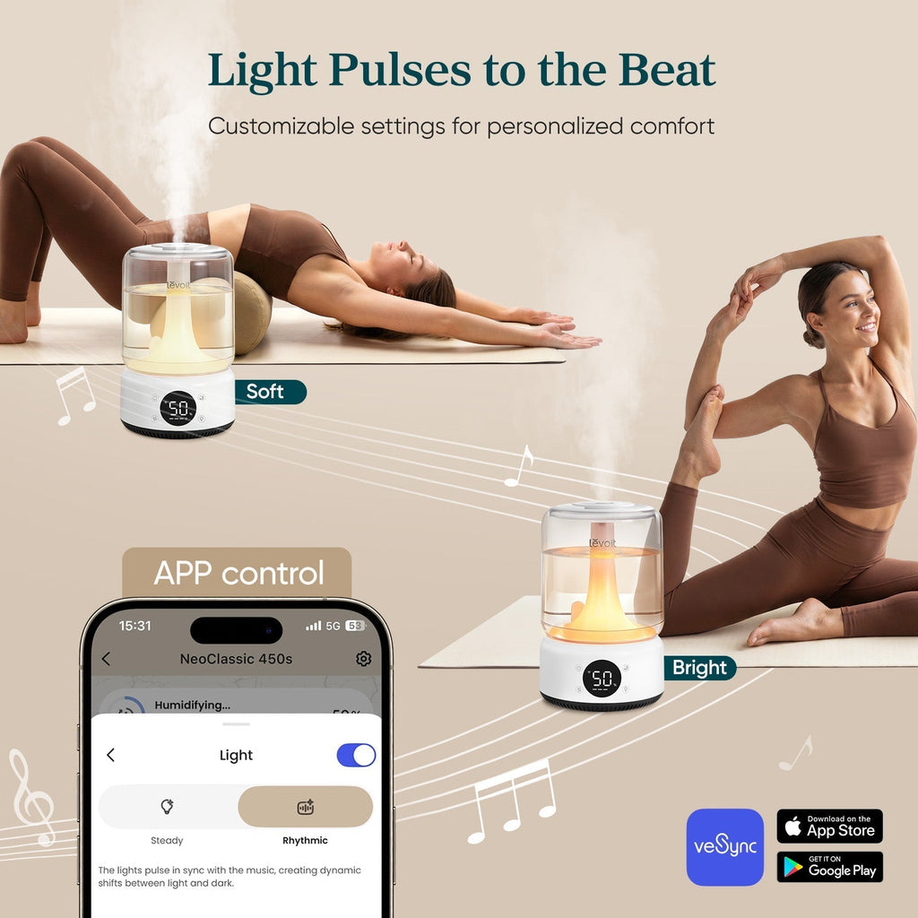 LEVOIT Neo 450S Smart Humidifier for house: Rhythmic light syncs to music, app-controlled brightness, 50% humidity display for yoga & relaxation.