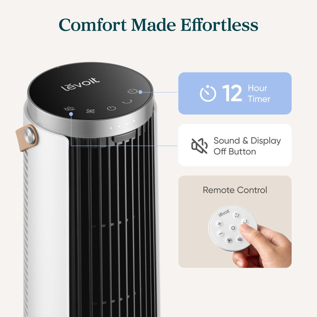 LEVOIT desk fan with 12-hour timer, sound/display off function, and remote control for effortless comfort