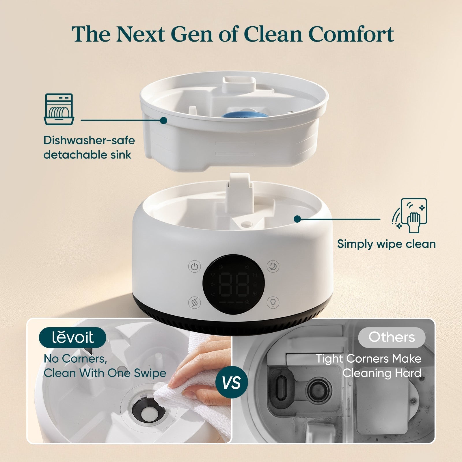 LEVOIT Neo 450S Smart Humidifier for home: Dishwasher-safe detachable sink, easy one-swipe cleaning, no tight corners for hassle-free hygiene maintenance.
