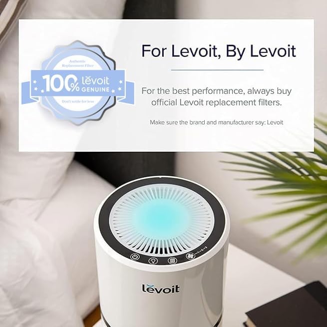 Levoit air purifier with genuine filter seal, highlighting the importance of using official Levoit filters for best performance.