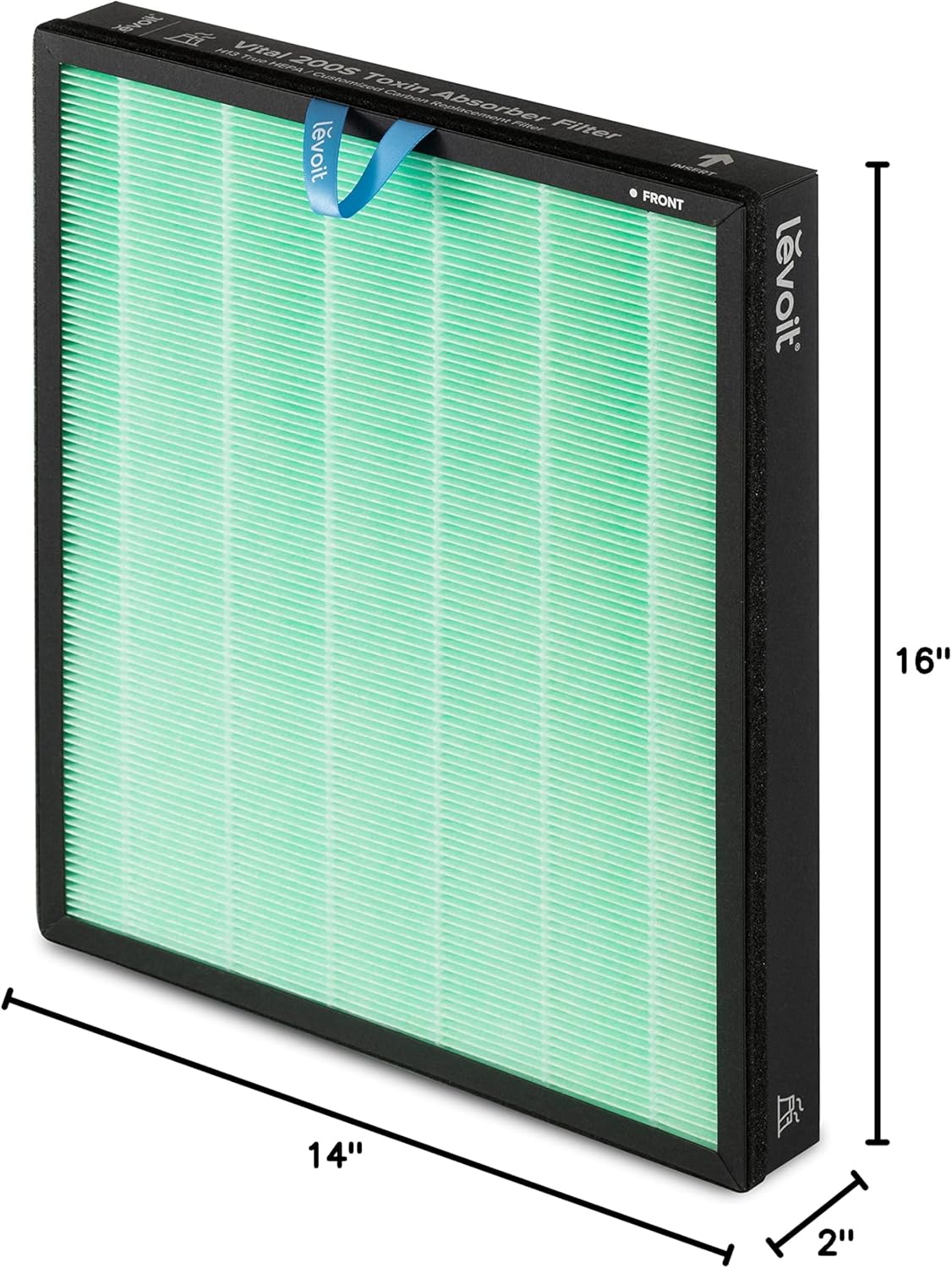Levoit Vital 200S-P Toxin Absorber Carbon Replacement Filter capturing pet allergens, measuring 14" x 16" x 2".