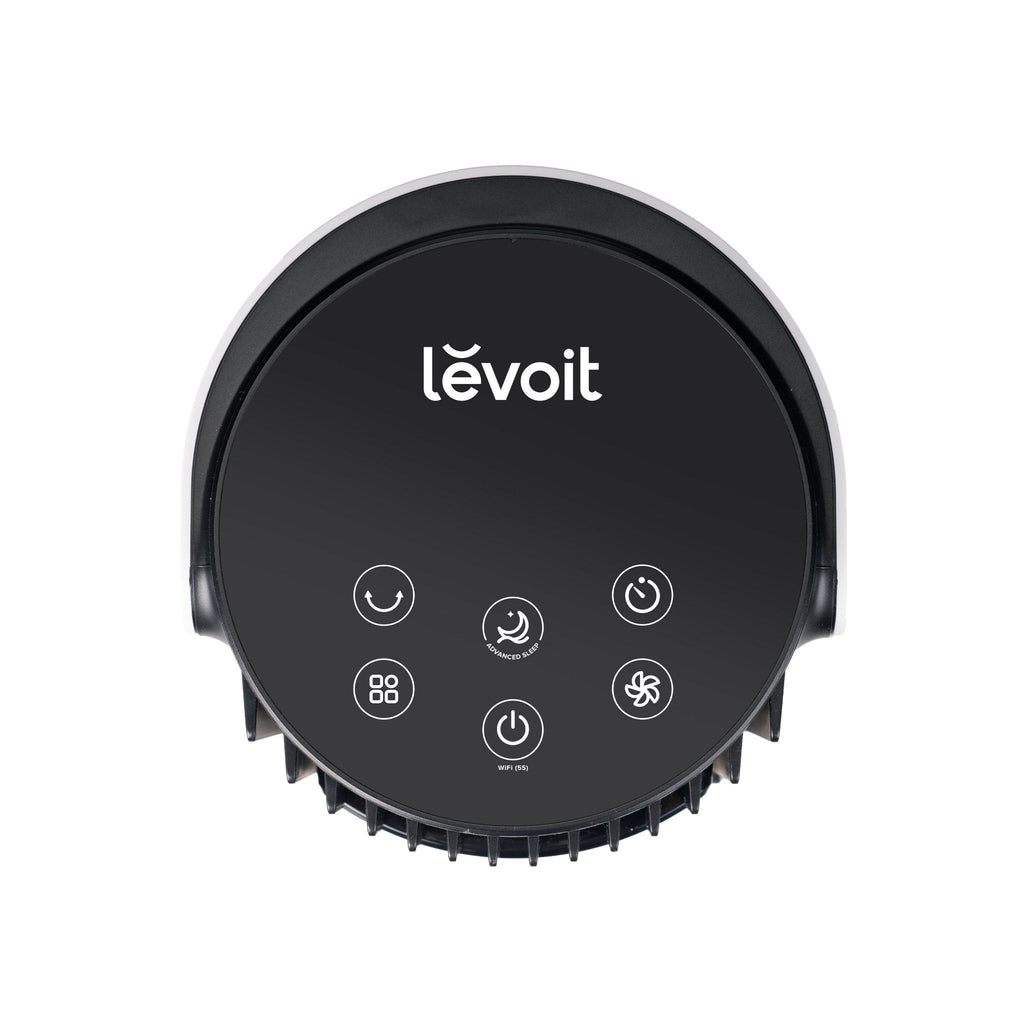 Levoit Smart Tower Fan control panel with advanced sleep mode, WiFi connectivity, and customizable settings
