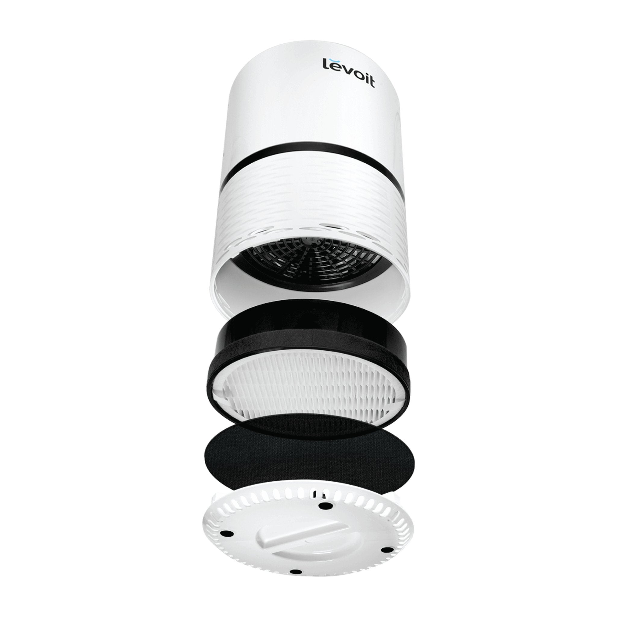 Levoit air purifier parts disassembled, showing filter layers and components for easy maintenance and setup.
