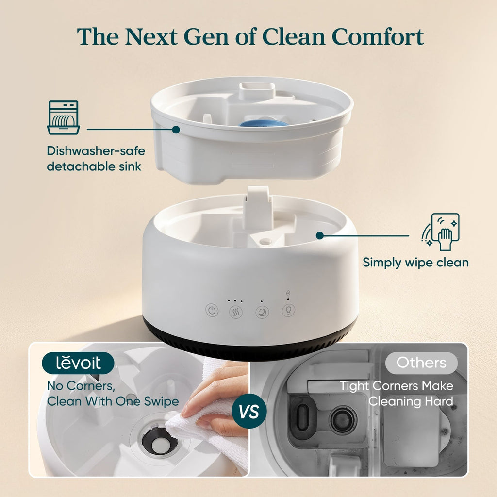 Levoit Neo 450 Humidifier: Dishwasher-safe detachable sink, easy one-swipe cleaning, no dead corners for hassle-free hygiene maintenance.