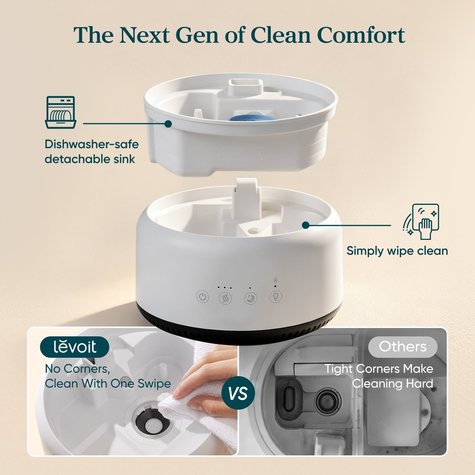 Levoit Neo 450 Humidifier: Dishwasher-safe detachable sink, easy one-swipe cleaning, no dead corners for hassle-free hygiene maintenance.