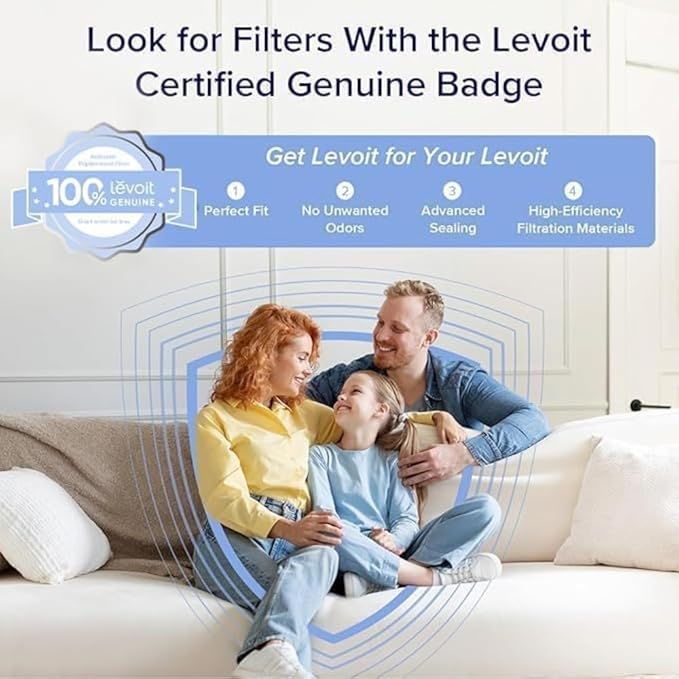 Levoit LV-PUR131 Replacement Filter with 100% genuine badge, ensuring perfect fit, odor removal, and high-efficiency filtration for clean air.