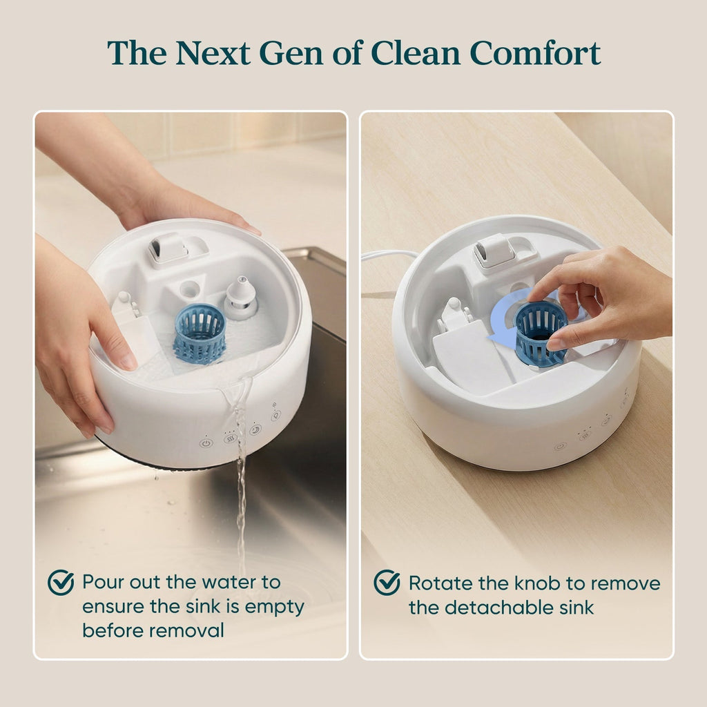 Levoit Neo 450 Humidifier: Easy water drainage & rotating detachable sink design for simple, hygienic cleaning and maintenance.