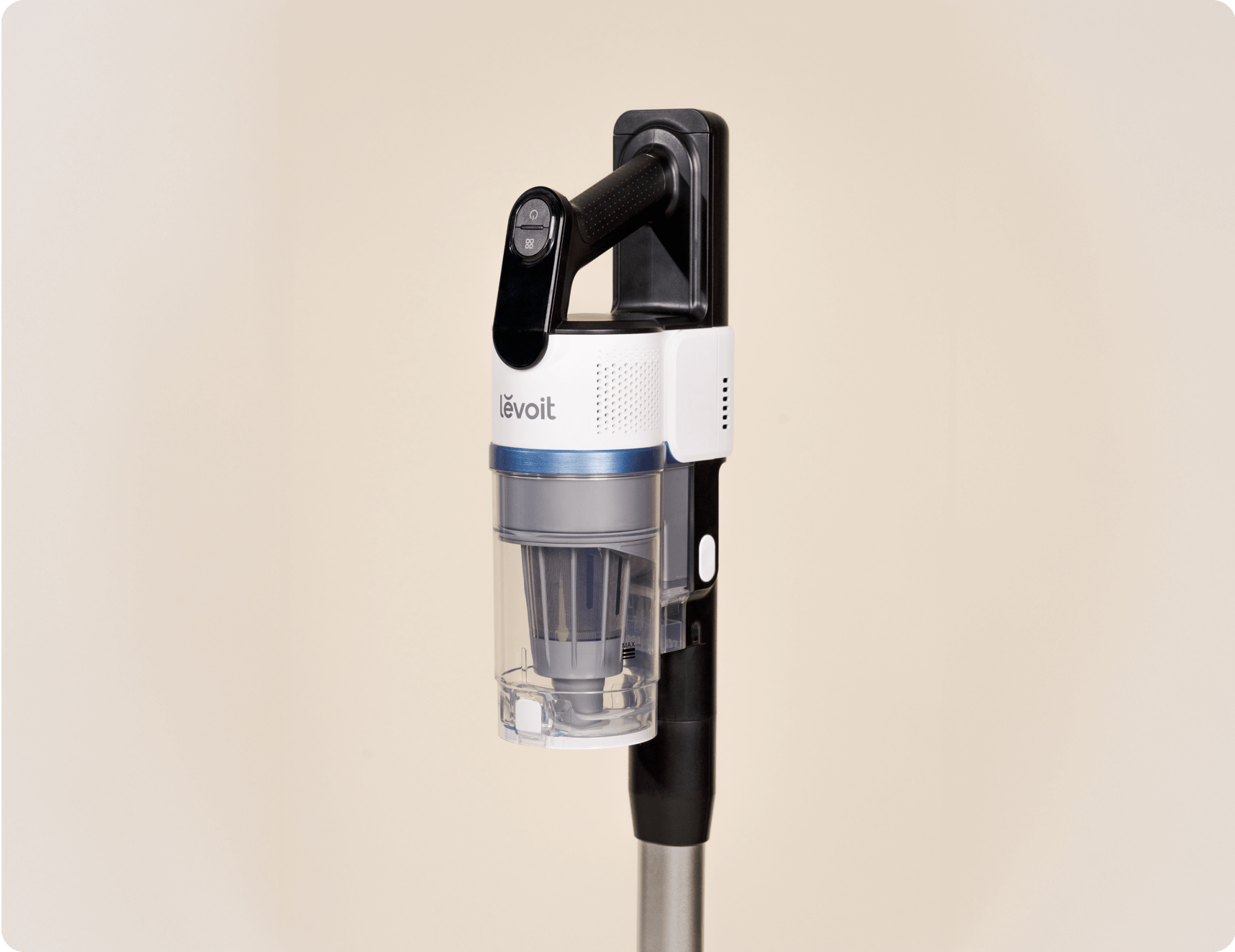 Close-up side view of Levoit AERO™ cordless vacuum handle and dustbin docked on the auto-empty station