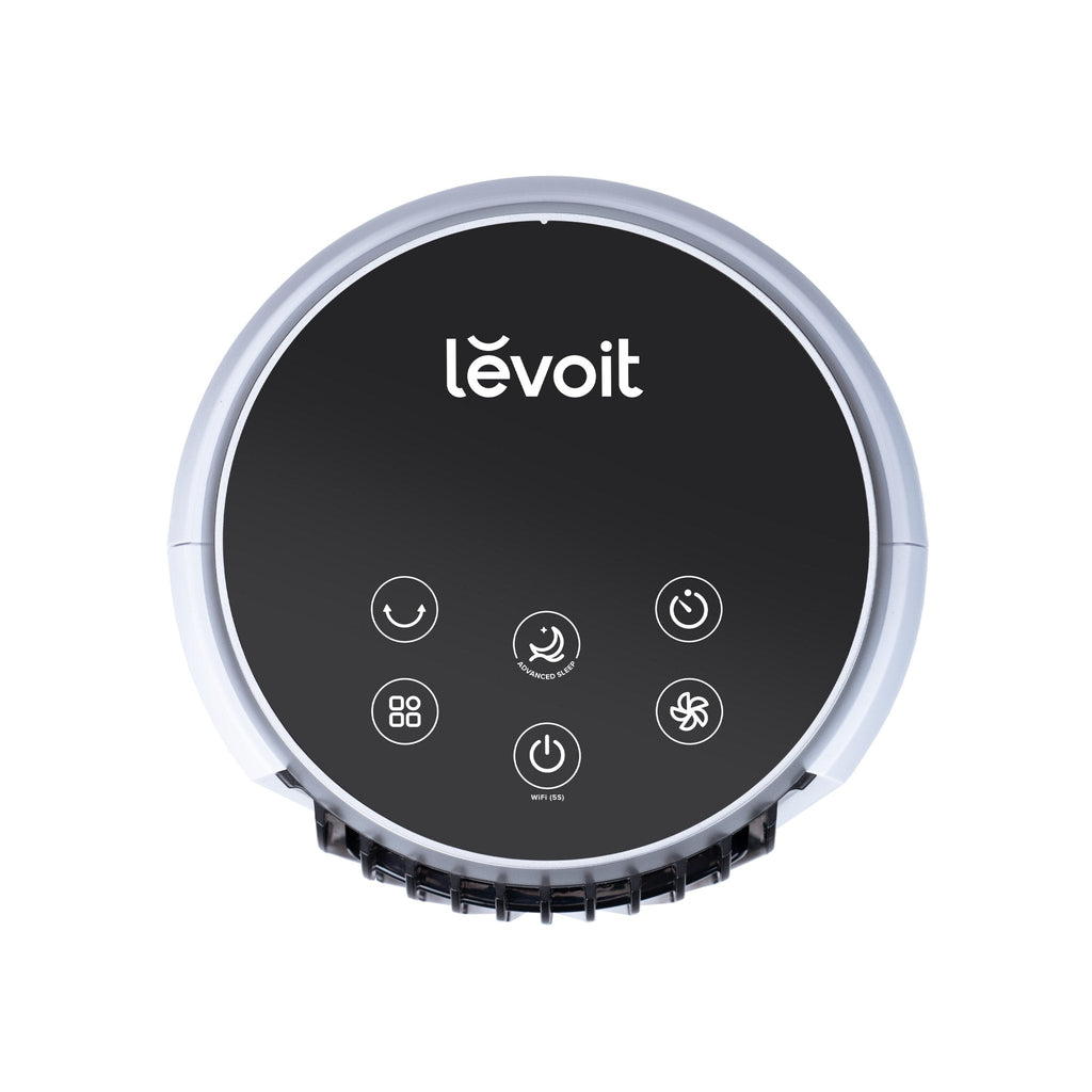Levoit Classic 36-Inch Smart Tower Fan with control panel, featuring WiFi, Advanced Sleep Mode, and settings