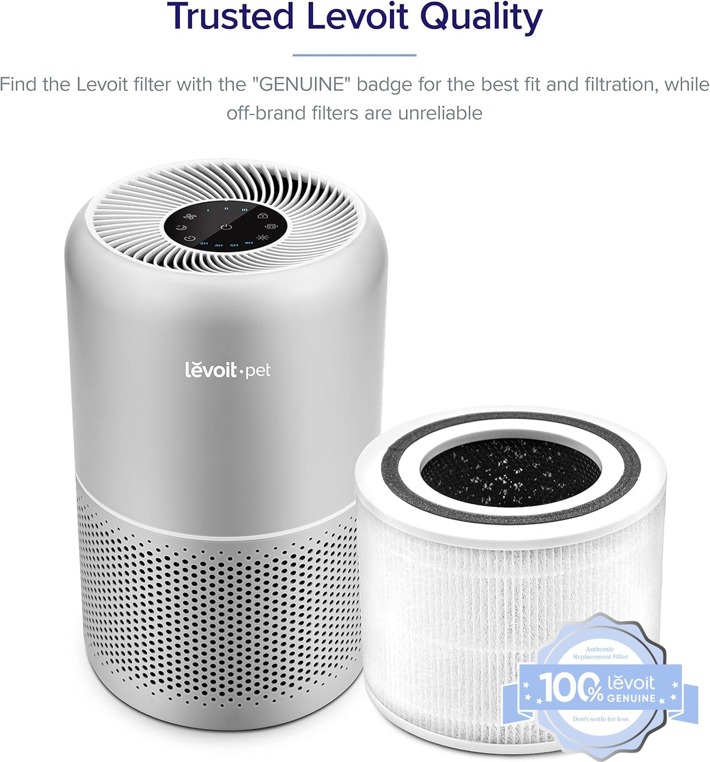Levoit Core P350-P air purifier displayed next to a genuine replacement filter with 100% genuine badge.
