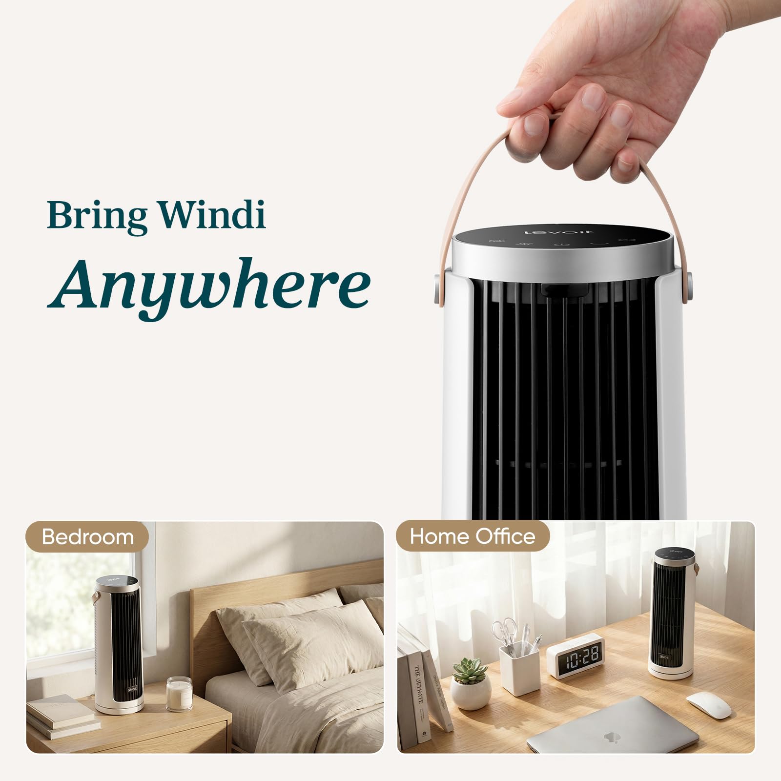 Portable LEVOIT desk fan with carry handle, perfect for bedroom and home office use, easy to move anywhere