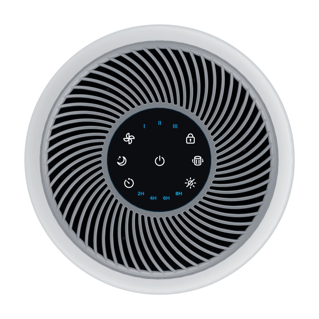 Levoit Core® 300-P Air Purifier control panel with touch buttons for fan speed, timer settings, and power options.