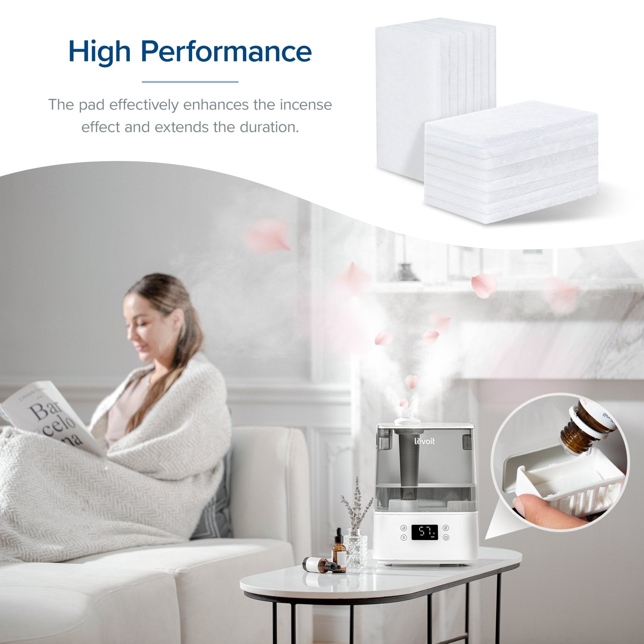 Levoit Humidifier with aroma pad enhancing fragrance and extending the duration, creating a relaxing atmosphere with essential oils