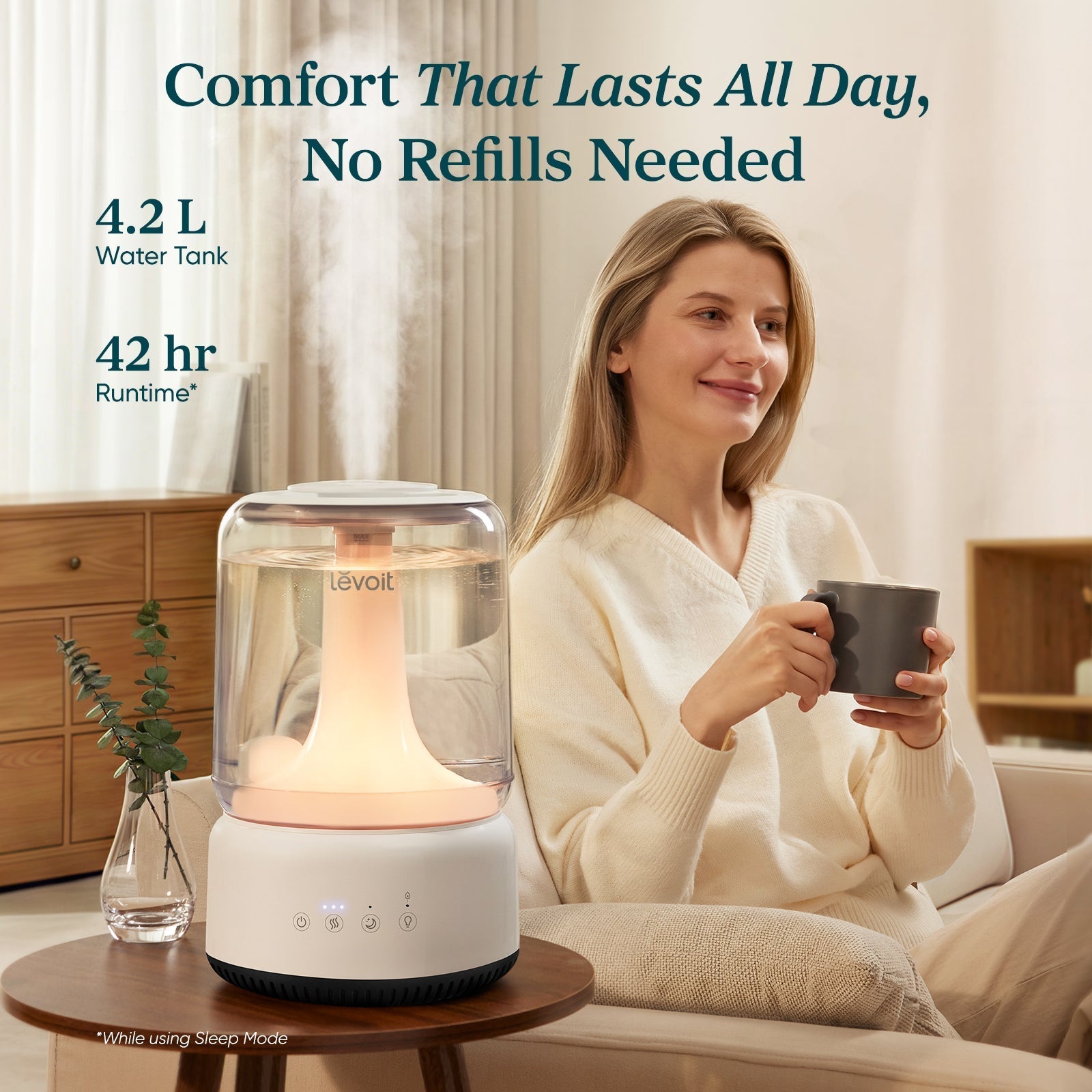 Levoit Neo 450 Humidifier: 4.2L large water tank delivers up to 42 hours of continuous runtime for all-day home comfort without refills.