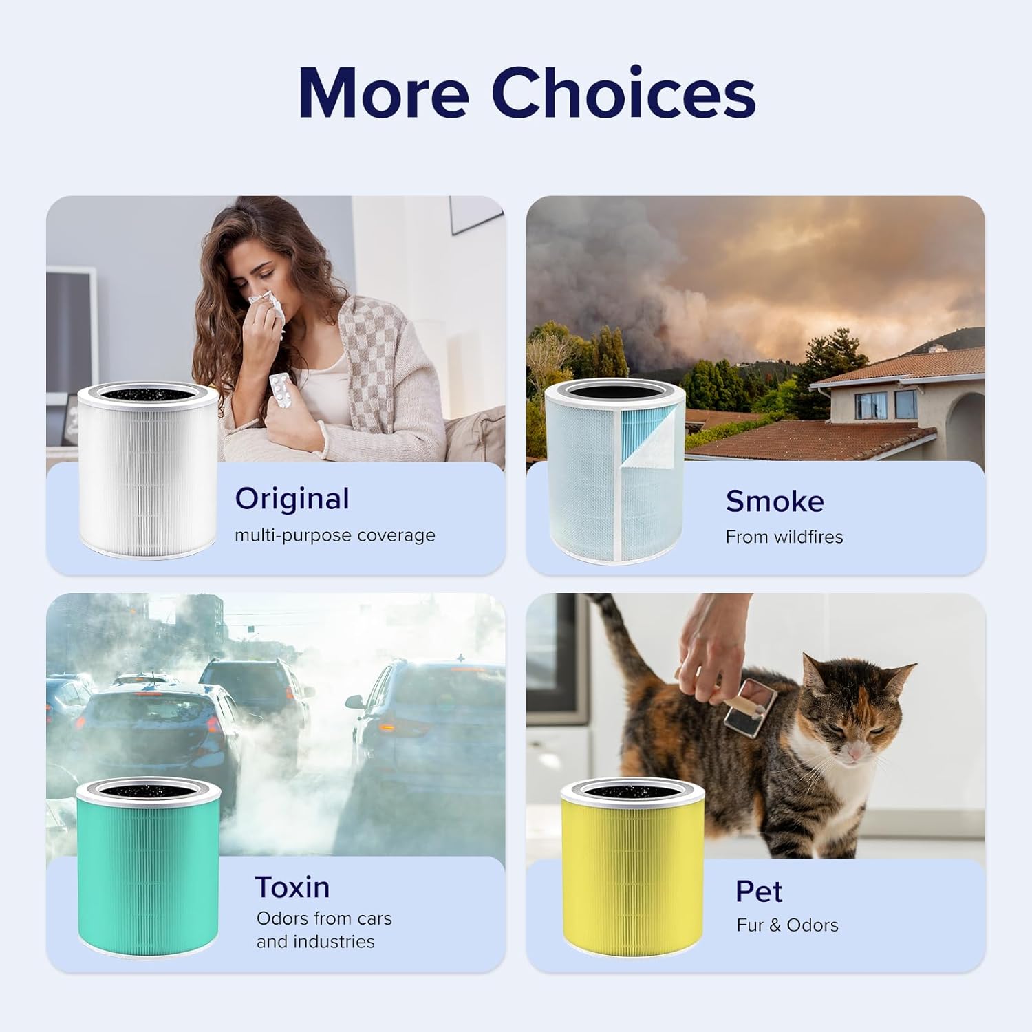 Levoit Core® 400S air purifier filter options: Original for multi-purpose, Smoke for wildfires, Toxin for car/industry odors, and Pet for fur & odors