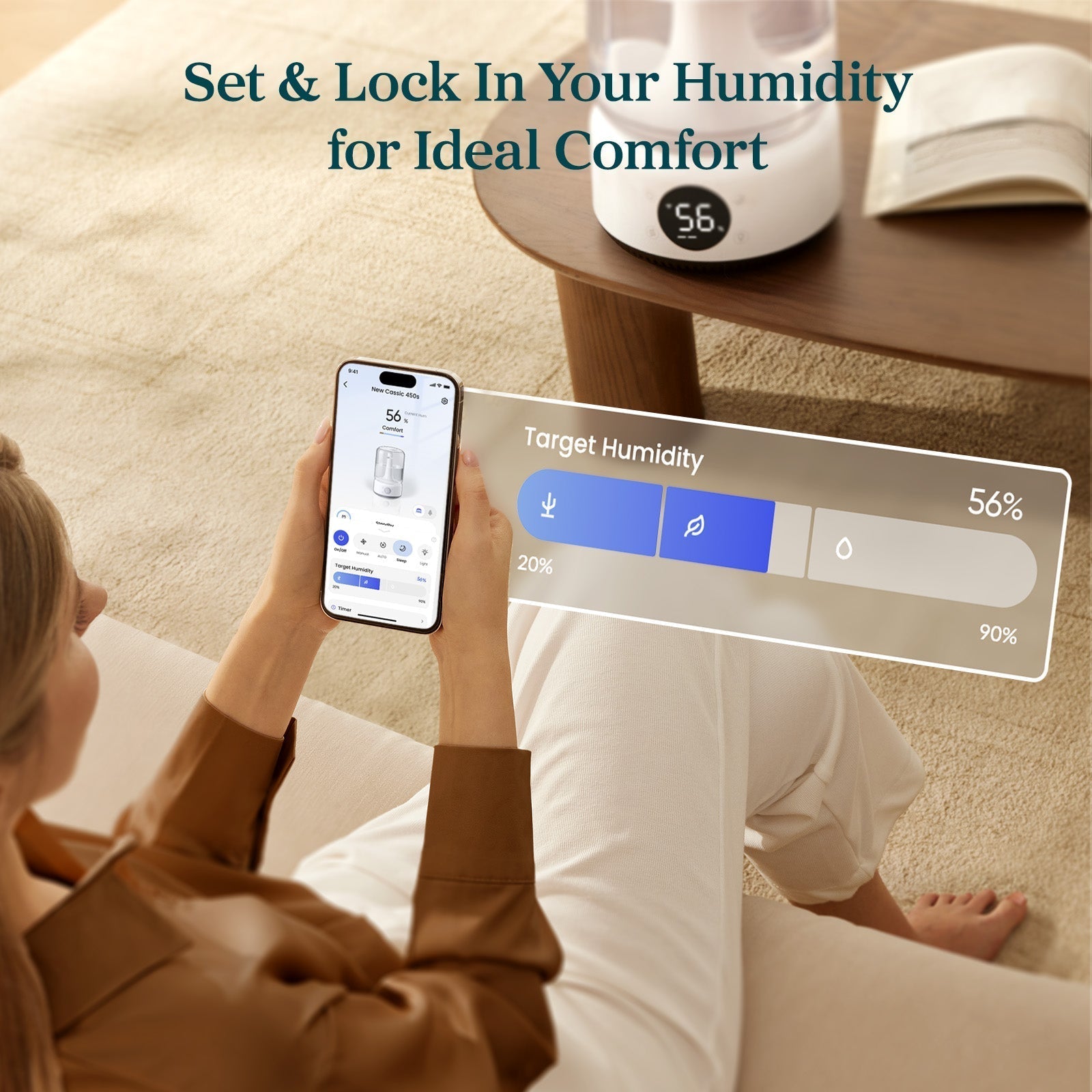 LEVOIT Neo 450S Smart Humidifier: App control for precise target humidity setting, digital display shows 56% humidity, enhancing home comfort with smart moisture control.