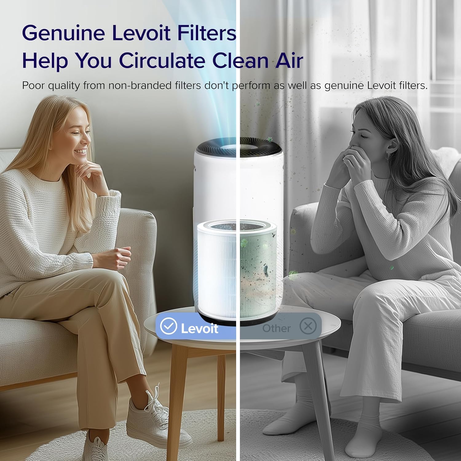 Comparison of genuine Levoit Core® 400S air purifier filter vs. non-branded filter